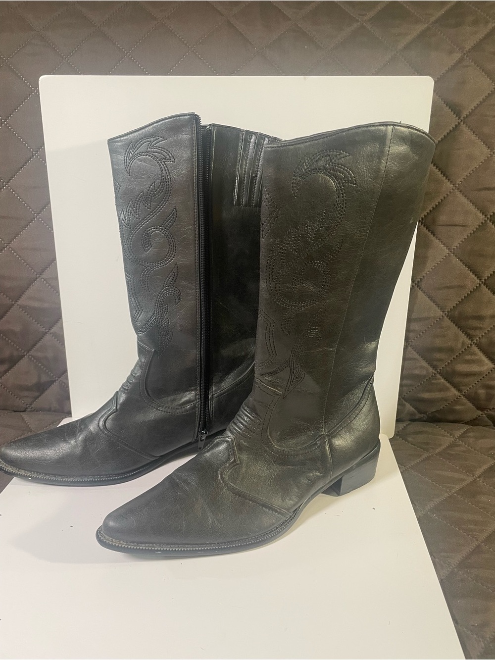 Roaman's Black Leather Western Knee-High Boots with Stitch Detail